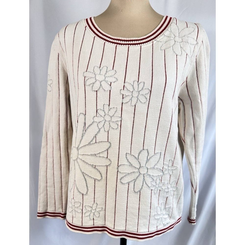 Rare Blue Willi's Floral Sweater Red Stripe Textured Knit Cotton Women M